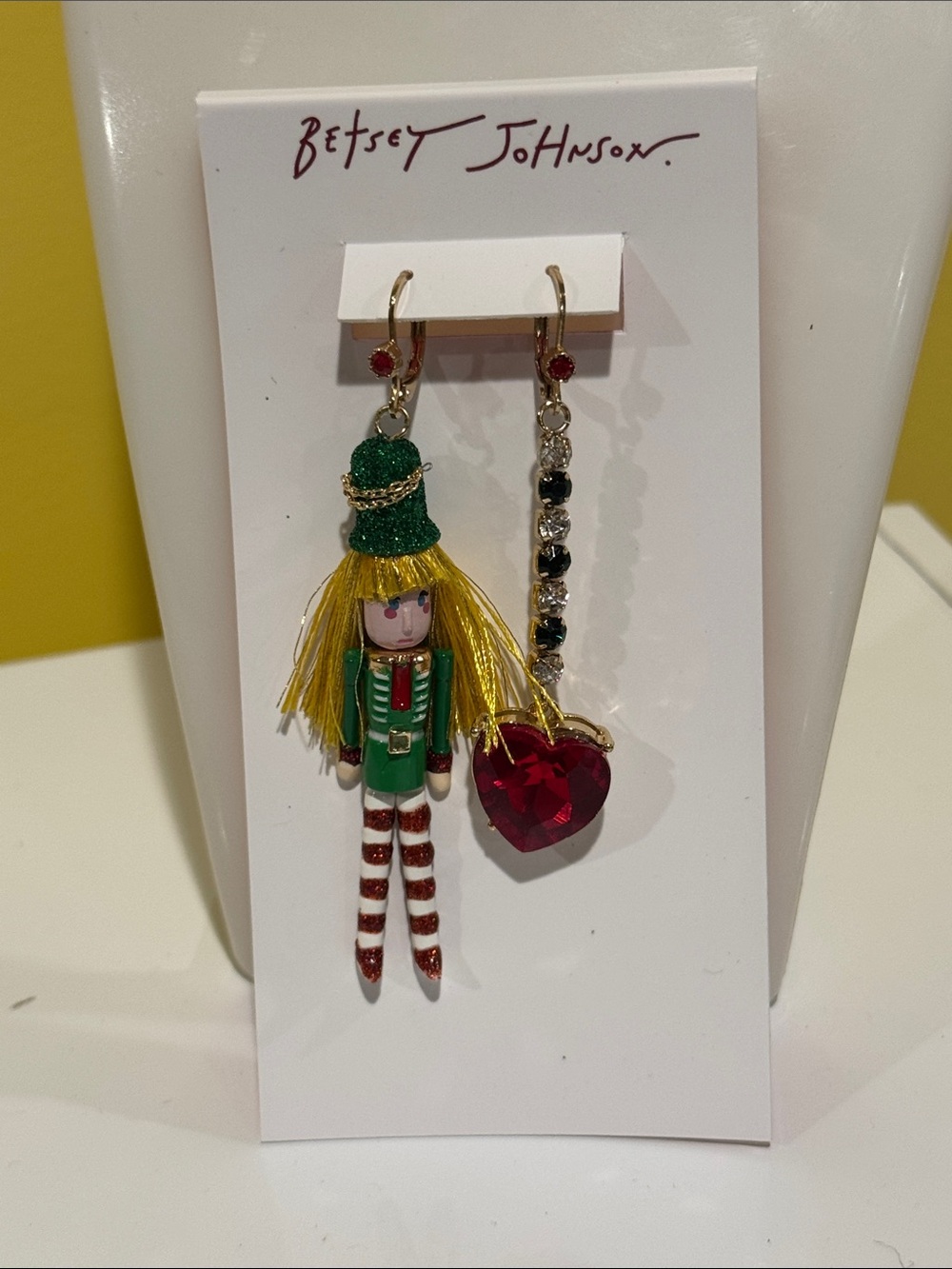 Betsey Johnson Green Nutcracker with Red Heart Asymmetrical Drop Earrings